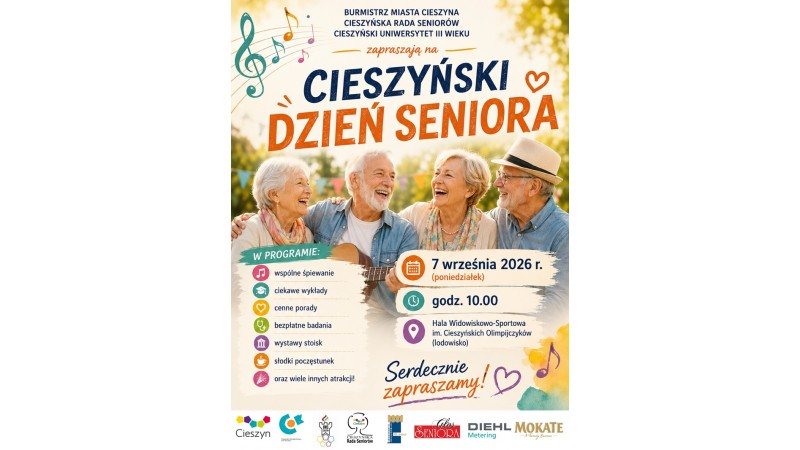 Plakat przedstawia uśmiechniętych seniorów i zaprasza na Cieszyński Dzień Seniora 7 września 2026 r.